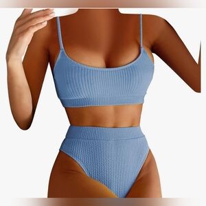 Dusty Blue Two piece swimsuit high waisted tummy control ribbed bathingsuit NWOT